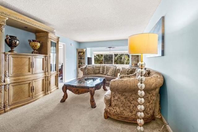 carpeted living room featuring a textured ceiling