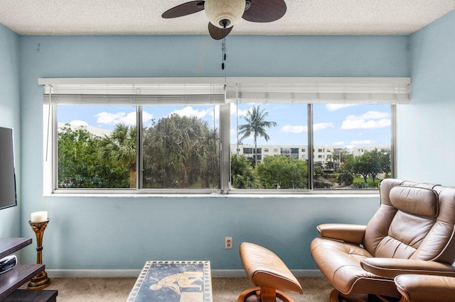 sitting room with ceiling fan, plenty of natural light, carpet, and a textured ceiling