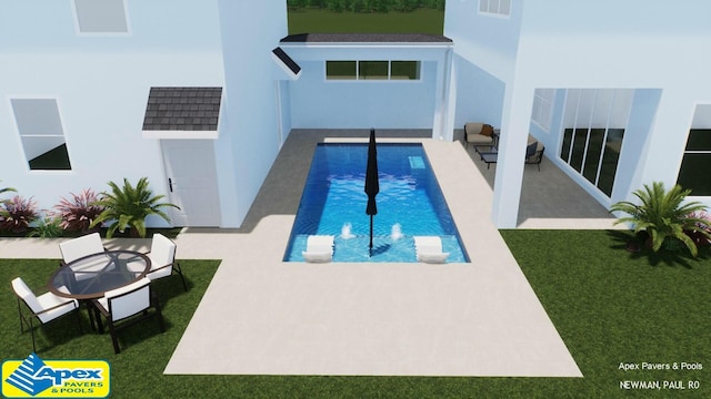 view of swimming pool featuring a yard and a patio