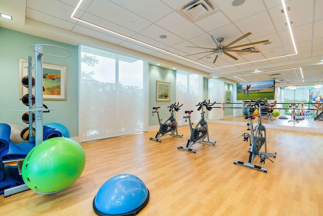 workout area with ceiling fan, wood-type flooring, and a drop ceiling