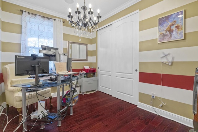 home office featuring wood-type flooring, ornamental molding, and a chandelier