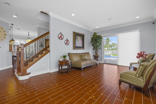 sitting room featuring dark hardwood / wood-style flooring and crown molding