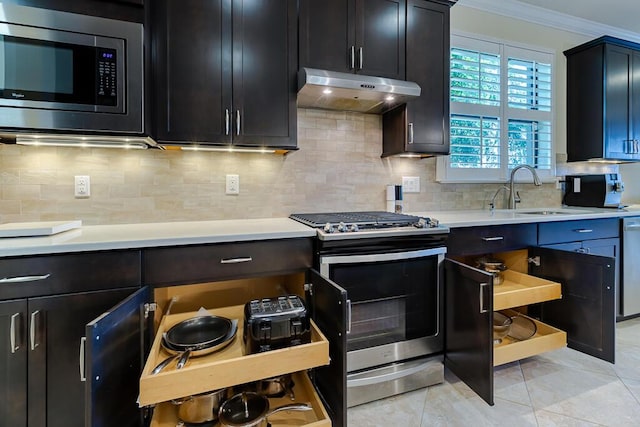 kitchen featuring sink, ornamental molding, appliances with stainless steel finishes, and tasteful backsplash