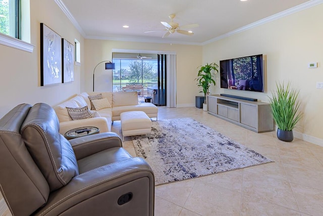 tiled living room with crown molding and ceiling fan