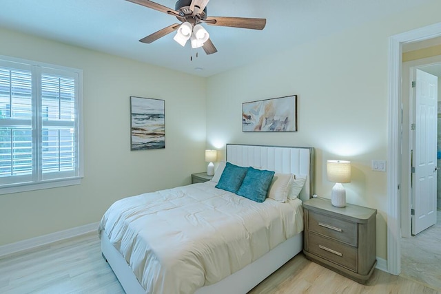 bedroom with ceiling fan and light hardwood / wood-style flooring