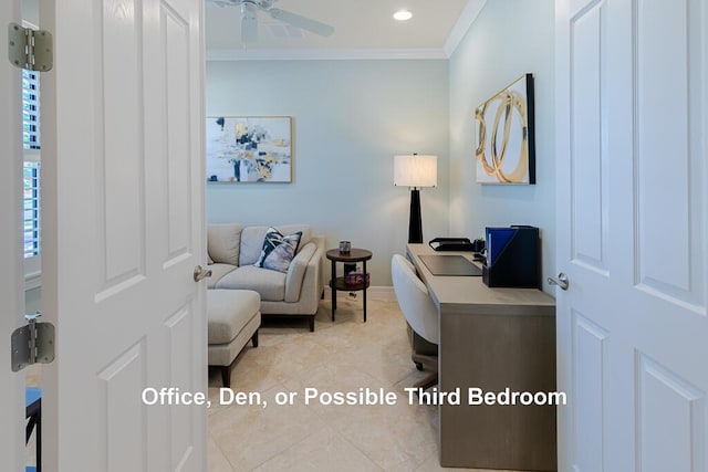 home office featuring ornamental molding, light tile patterned flooring, and ceiling fan