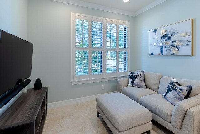 living room featuring crown molding, a wealth of natural light, and light tile patterned floors