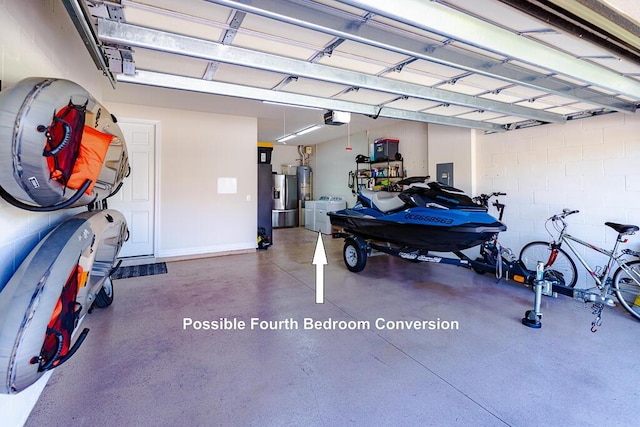 garage featuring electric panel, gas water heater, a garage door opener, and stainless steel refrigerator with ice dispenser