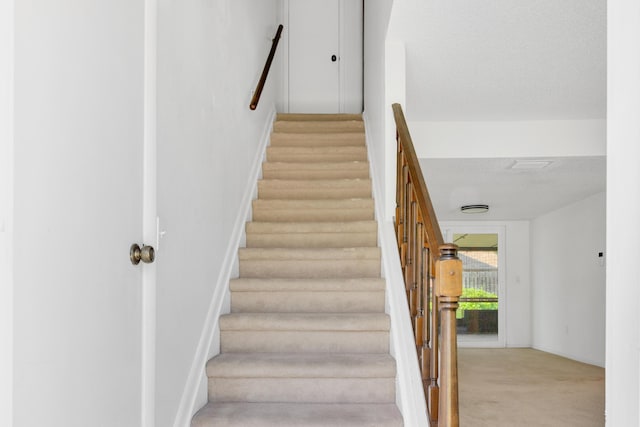 stairs featuring carpet flooring