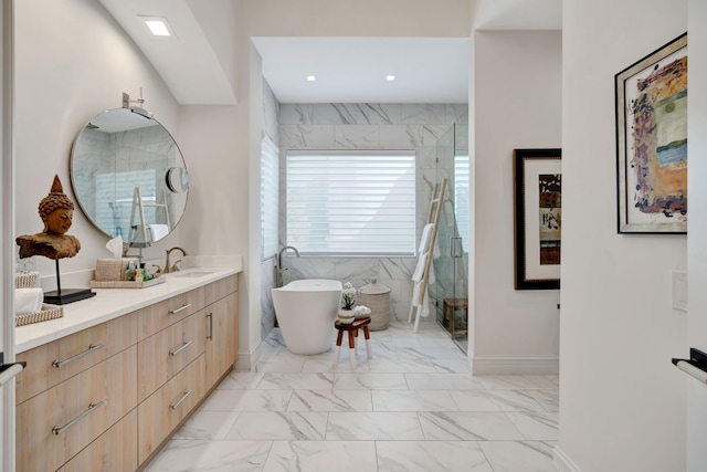 bathroom with vanity and plus walk in shower