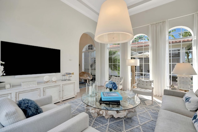 living room with a high ceiling, ornamental molding, and light hardwood / wood-style floors