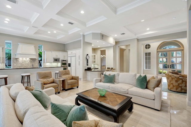 living room featuring beamed ceiling, coffered ceiling, french doors, and crown molding