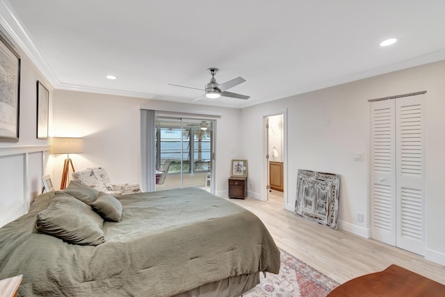 bedroom featuring crown molding, ceiling fan, access to exterior, ensuite bathroom, and light hardwood / wood-style floors