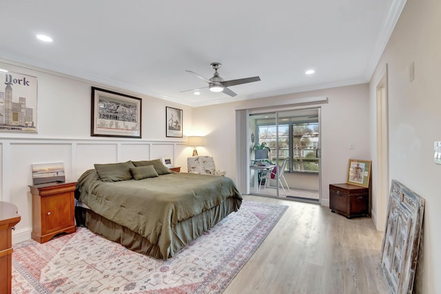 bedroom with crown molding, ceiling fan, access to exterior, and light hardwood / wood-style flooring