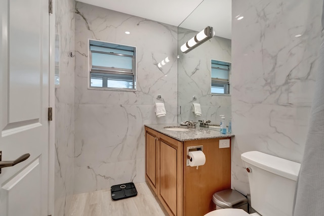 bathroom featuring hardwood / wood-style flooring, vanity, tile walls, and toilet