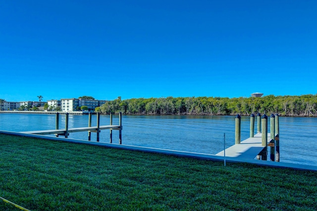 dock area with a lawn and a water view