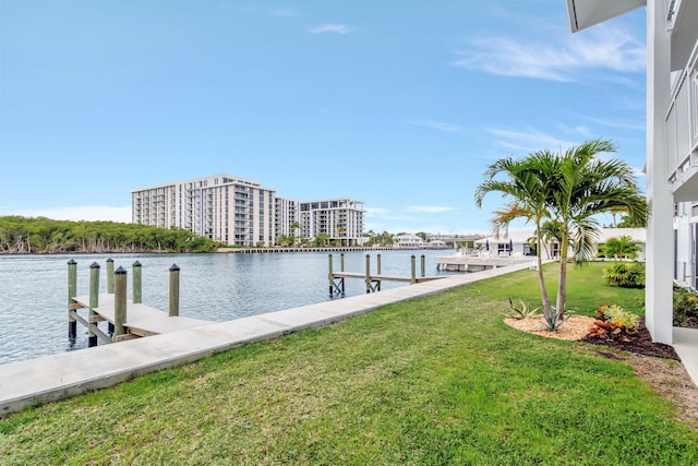 view of dock featuring a water view and a lawn