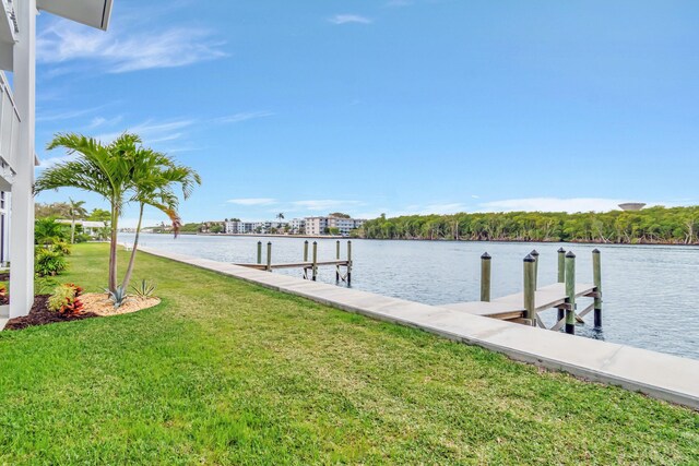 dock area featuring a water view and a lawn