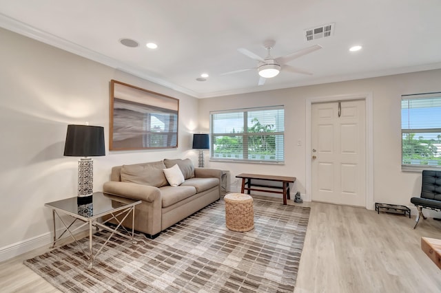 living room featuring ornamental molding, light hardwood / wood-style floors, and a healthy amount of sunlight