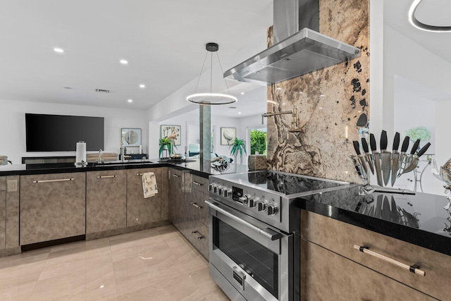 11955 N Lake Dr, Boynton Beach, FL 33436 - kitchen featuring sink, tasteful backsplash, island range hood, electric stove, and dark stone counters