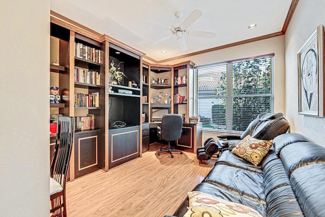 office with crown molding, ceiling fan, and light hardwood / wood-style flooring