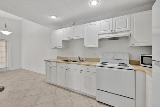 kitchen with light tile patterned flooring, under cabinet range hood, a sink, white cabinets, and white range with electric cooktop