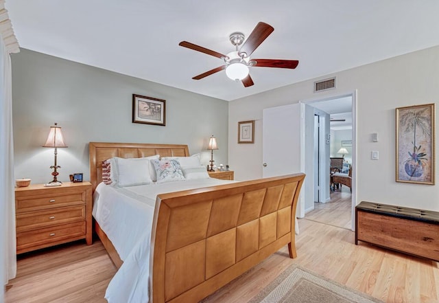 bedroom with light hardwood / wood-style floors and ceiling fan