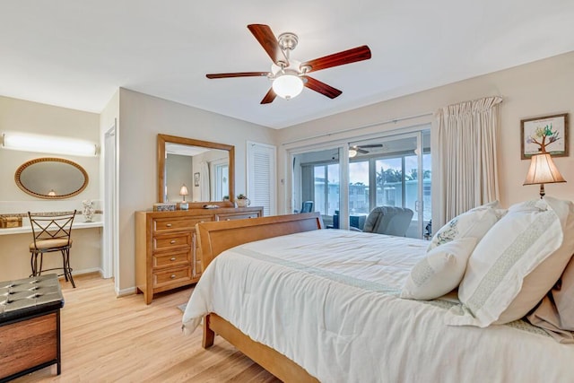 bedroom with access to outside, ceiling fan, and light wood-type flooring