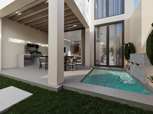 view of patio / terrace with an outdoor kitchen and pool water feature