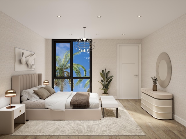 bedroom featuring radiator and light hardwood / wood-style flooring