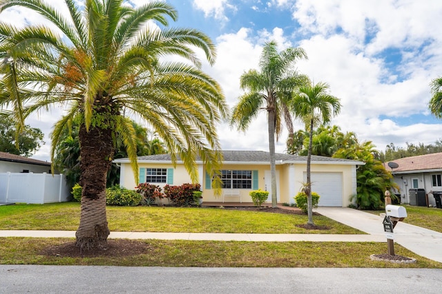 ranch-style house featuring stucco siding, concrete driveway, an attached garage, a front yard, and fence