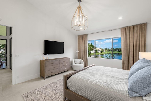 bedroom featuring lofted ceiling, light carpet, and a notable chandelier