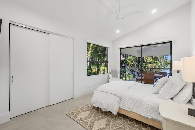 bedroom featuring lofted ceiling and ceiling fan