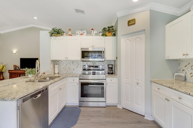 kitchen featuring stainless steel appliances, white cabinetry, sink, and kitchen peninsula