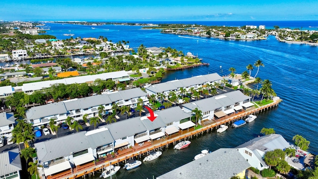 drone / aerial view featuring a water view