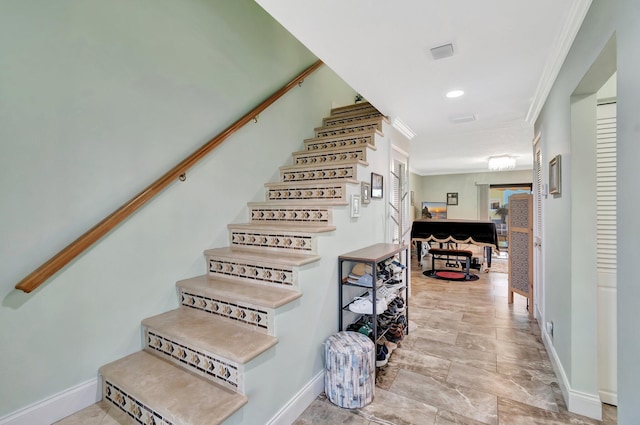 stairway with crown molding