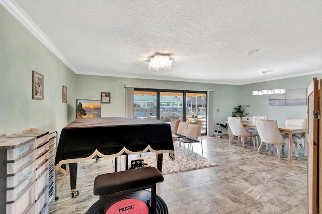 interior space featuring a notable chandelier, crown molding, and a textured ceiling