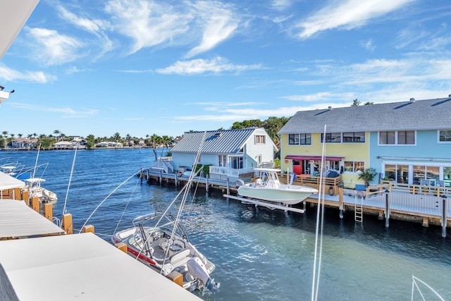 view of dock featuring a water view, boat lift, and a residential view