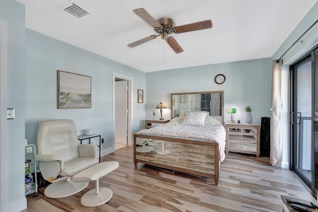 bedroom featuring baseboards, ceiling fan, light wood-style flooring, and visible vents