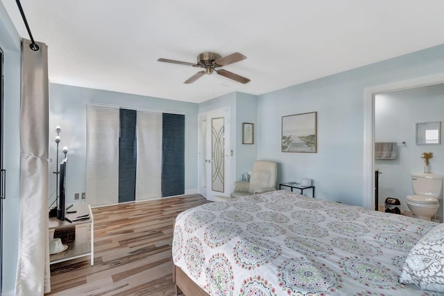 bedroom with ceiling fan and light hardwood / wood-style flooring