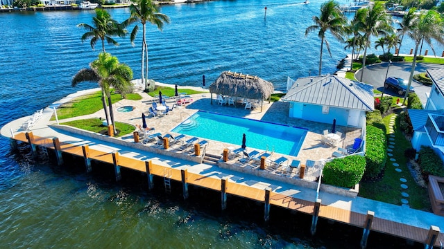 exterior space with a water view