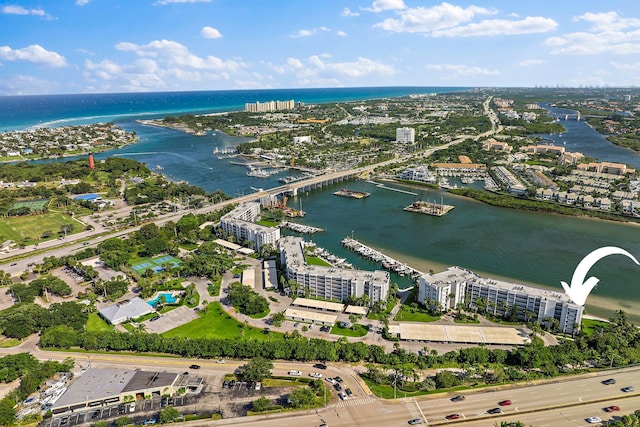 aerial view featuring a water view