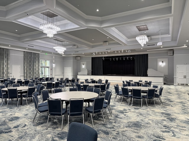 carpeted dining area with beamed ceiling, crown molding, coffered ceiling, and a chandelier