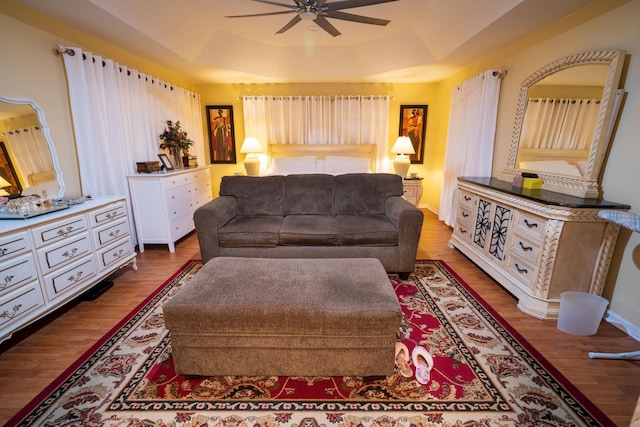 living room with a tray ceiling, wood-type flooring, and ceiling fan