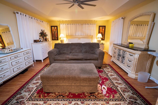 165 Cypress Trce, Royal Palm Beach, FL 33411 - living room with a ceiling fan, wood finished floors, and a raised ceiling