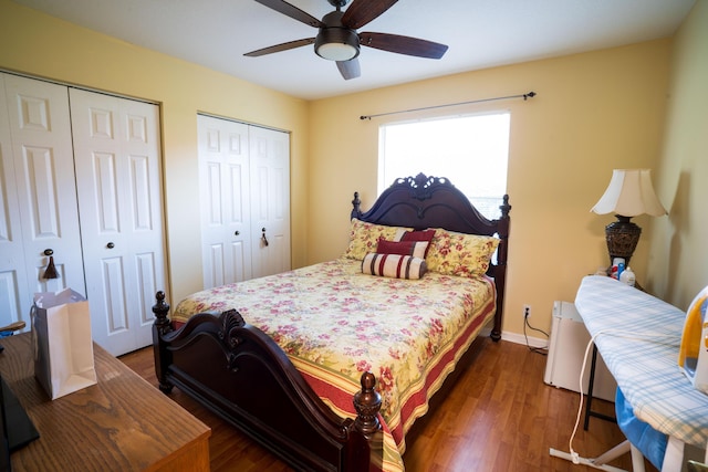 165 Cypress Trce, Royal Palm Beach, FL 33411 - bedroom featuring two closets, wood finished floors, and ceiling fan