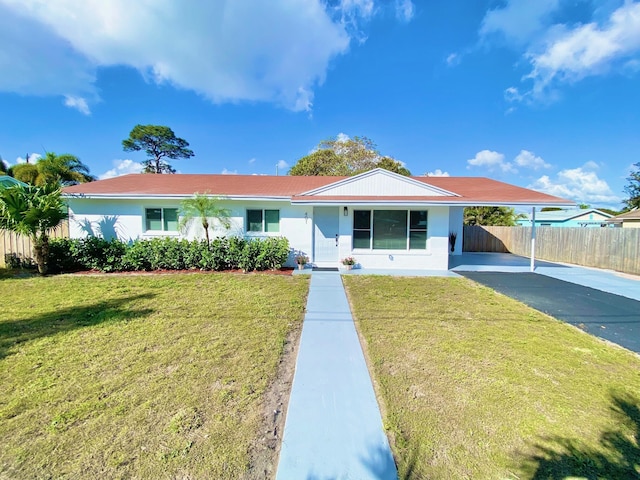 ranch-style house featuring a front lawn and a carport