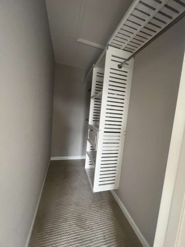 hallway featuring dark colored carpet