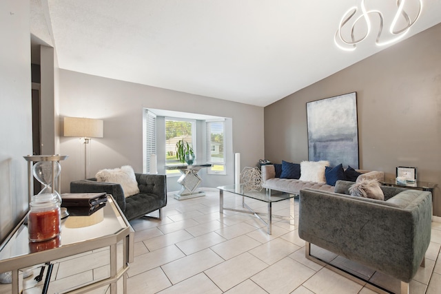 tiled living room with lofted ceiling