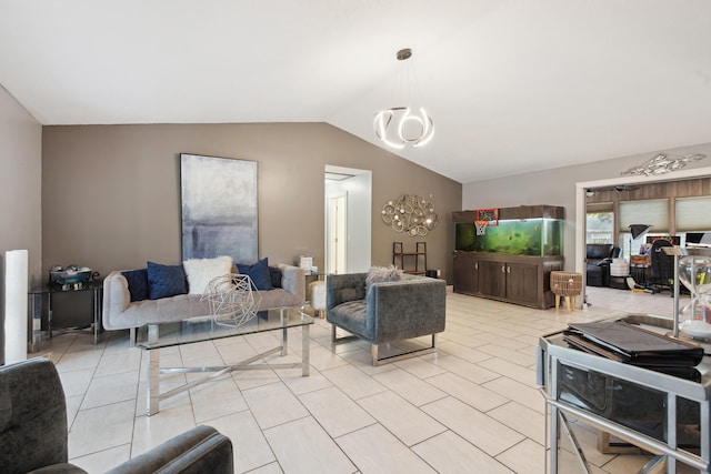 tiled living room with vaulted ceiling and a chandelier